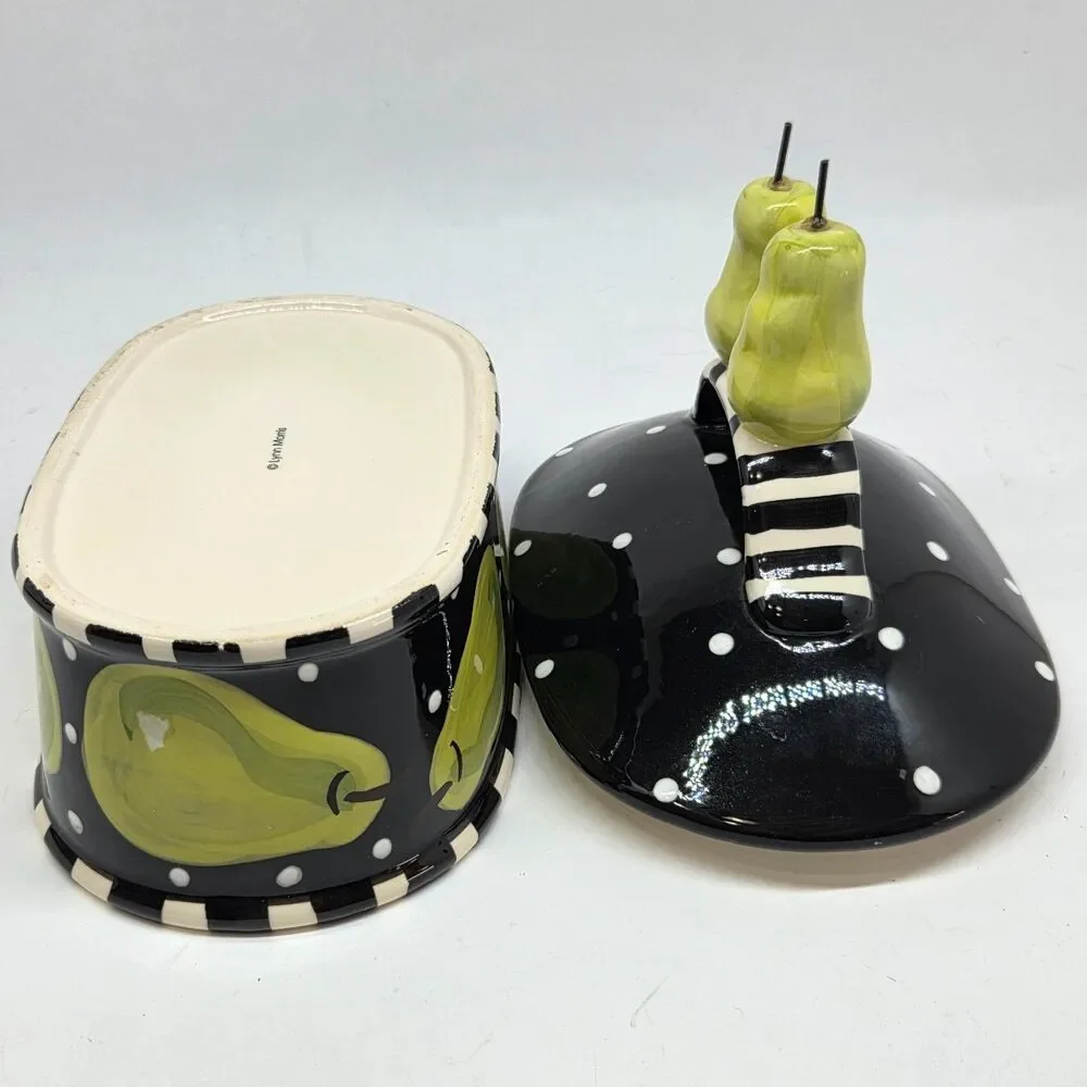 Lynn Morris Studio Pottery Black White Polka Dots Green Pear Covered Dish VGC